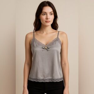 Vintage Y2K Silver Lace Trim Sheer Camisole Blouse XL Coquette Fairycore Satin